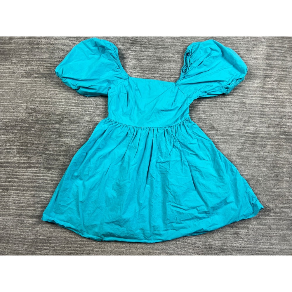 A New Day Dress Womens S Turquoise Puff Sleeve Square Neck Smocked Cutout Cotton